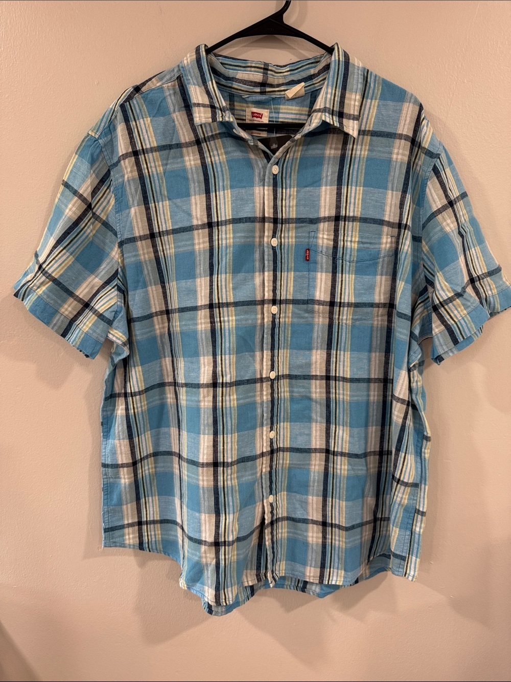 New Levi's Men's Blue Plaid linen cotton Short-Sleeve standard Button-Down Shirt